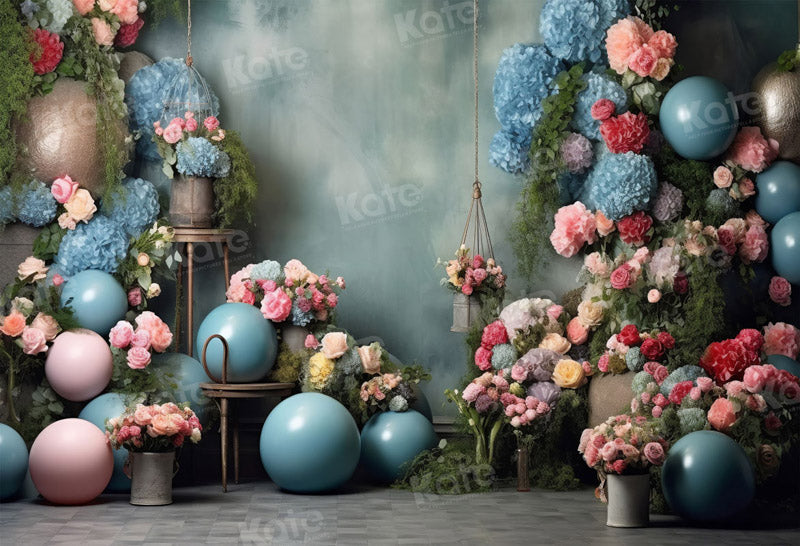 Kate Bleu Ballons Fleurs Anniversaire Toile de fond pour la photographie - Kate Backdrop FR
