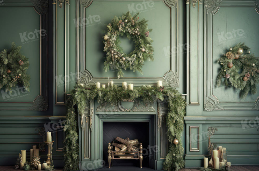 Offres Éclair-Kate Vintage Noël Cheminée Vert Toile de fond en Laine conçue par Mandy Ringe - Kate Backdrop FR