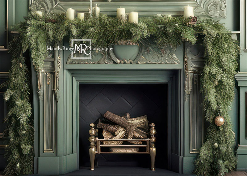 Kate Vintage Noël Cheminée Vert Toile de fond conçue par Mandy Ringe - Kate Backdrop FR