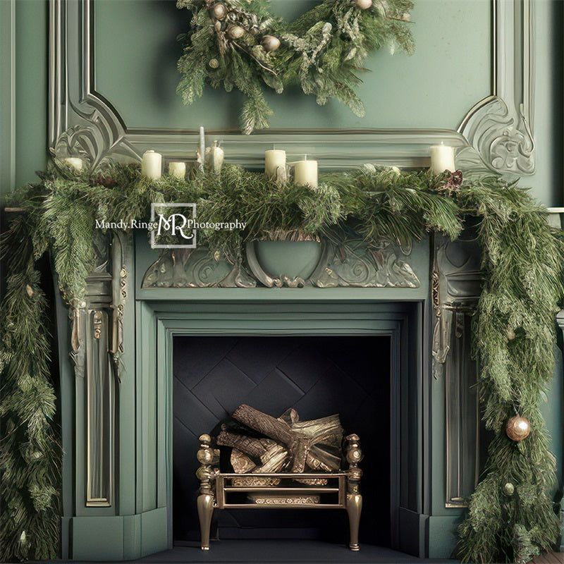 Kate Vintage Noël Cheminée Vert Toile de fond conçue par Mandy Ringe - Kate Backdrop FR