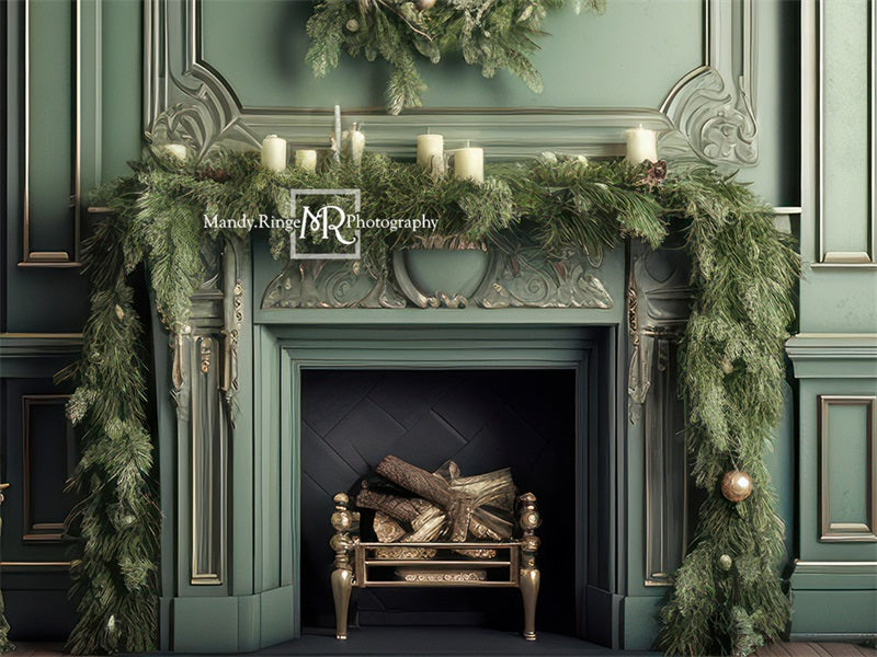 Offres Éclair-Kate Vintage Noël Cheminée Vert Toile de fond en Laine conçue par Mandy Ringe - Kate Backdrop FR
