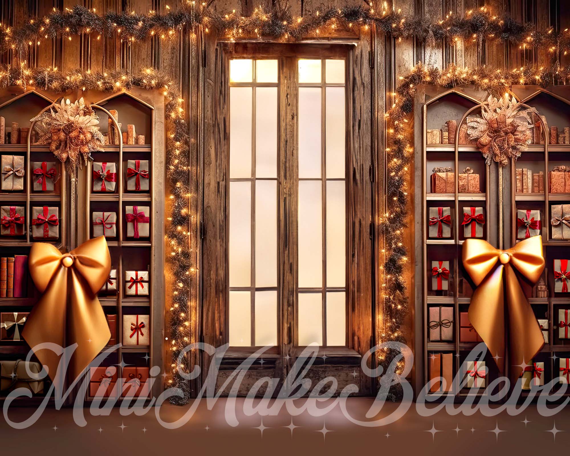Kate Brun Bibliothèque Rustique Noël Toile de fond conçue par Mini MakeBelieve - Kate Backdrop FR