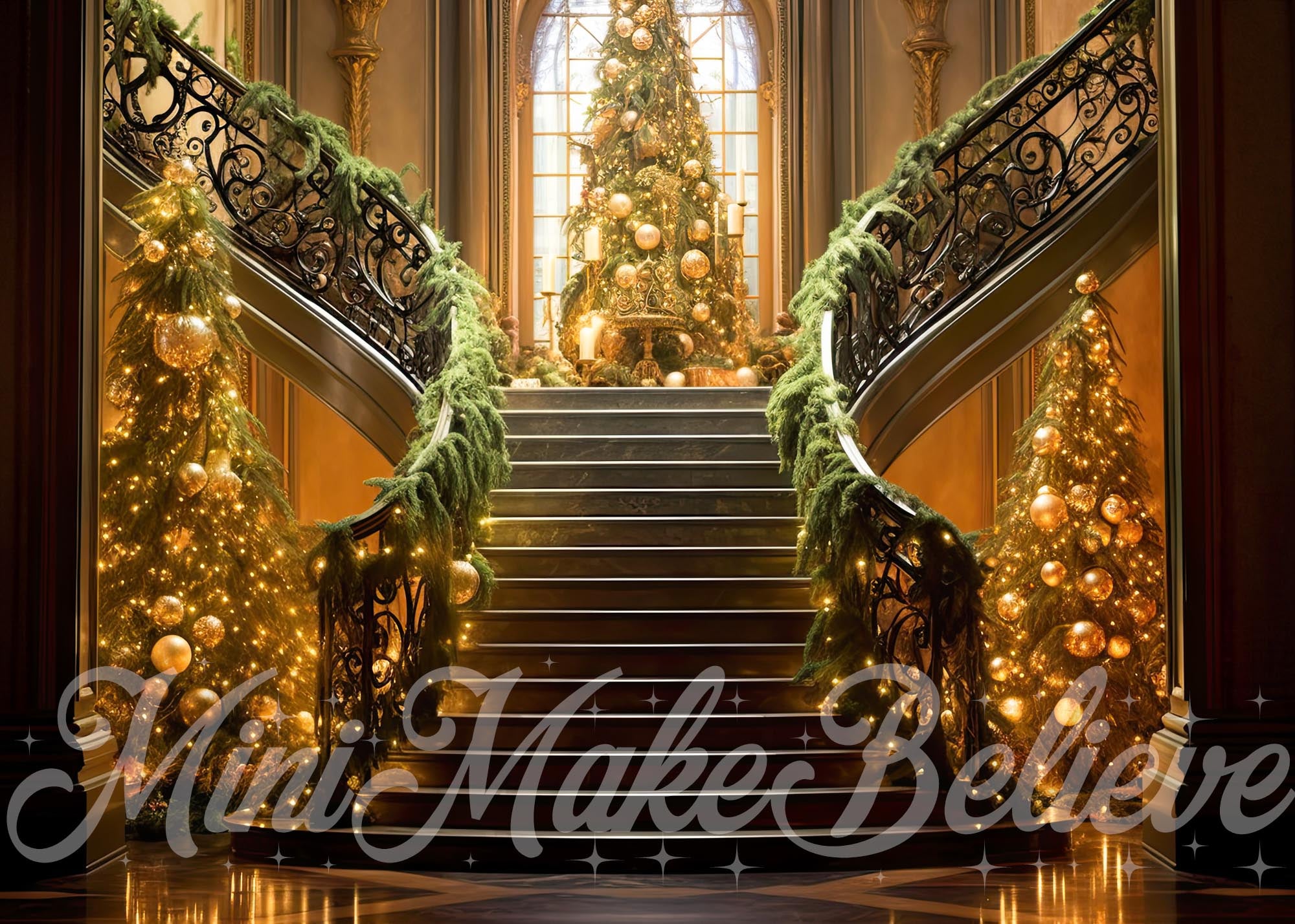 Kate Escaliers Arbre de Noël Doré Toile de fond conçue par Mini MakeBelieve - Kate Backdrop FR