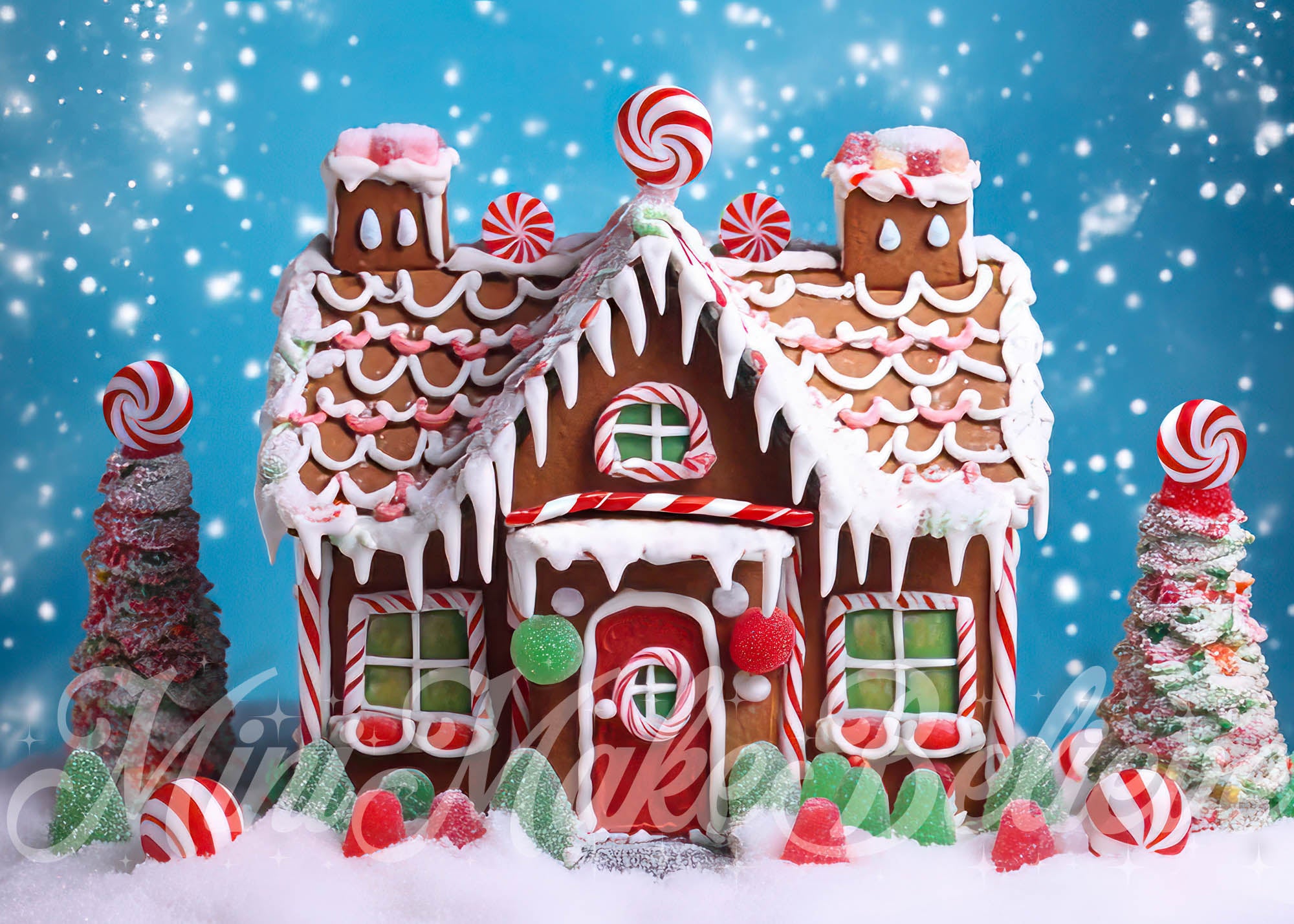 Kate Coloré Maison de pain d'épice Neige Toile de fond conçue par Mini MakeBelieve - Kate Backdrop FR