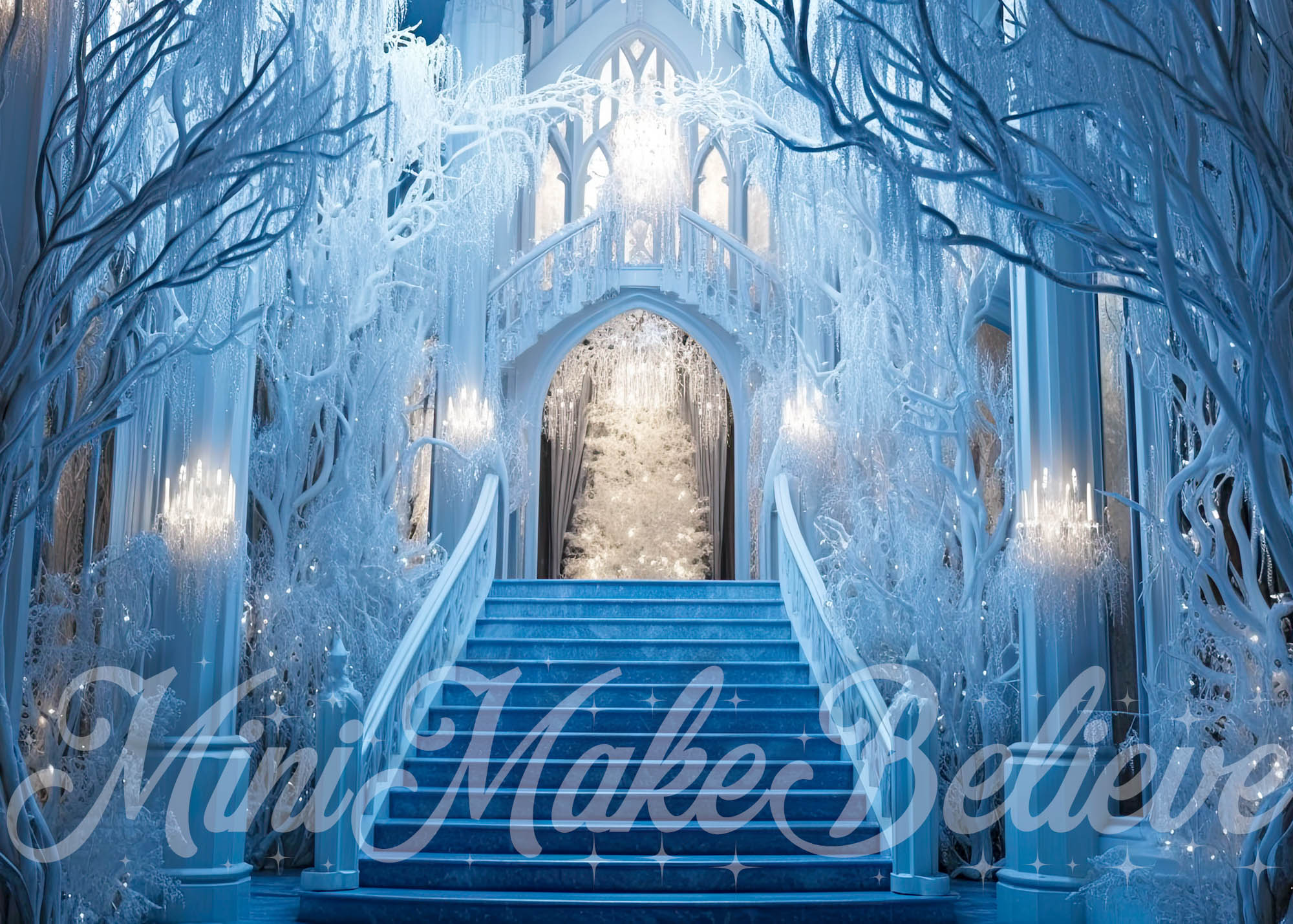Kate Congelé Château Escaliers Hiver Toile de fond conçue par Mini MakeBelieve