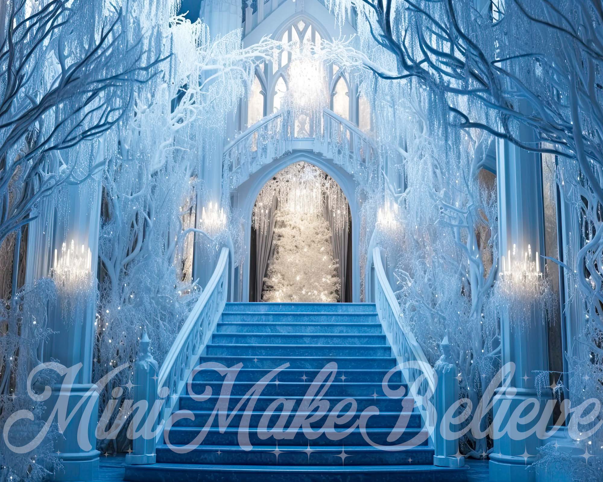 Kate Congelé Château Escaliers Hiver Toile de fond conçue par Mini MakeBelieve
