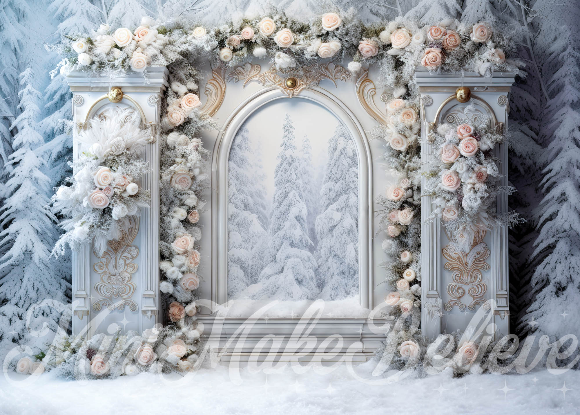 Kate Floral Porte Noël Hiver Blanc Toile de fond conçue par Mini MakeBelieve - Kate Backdrop FR