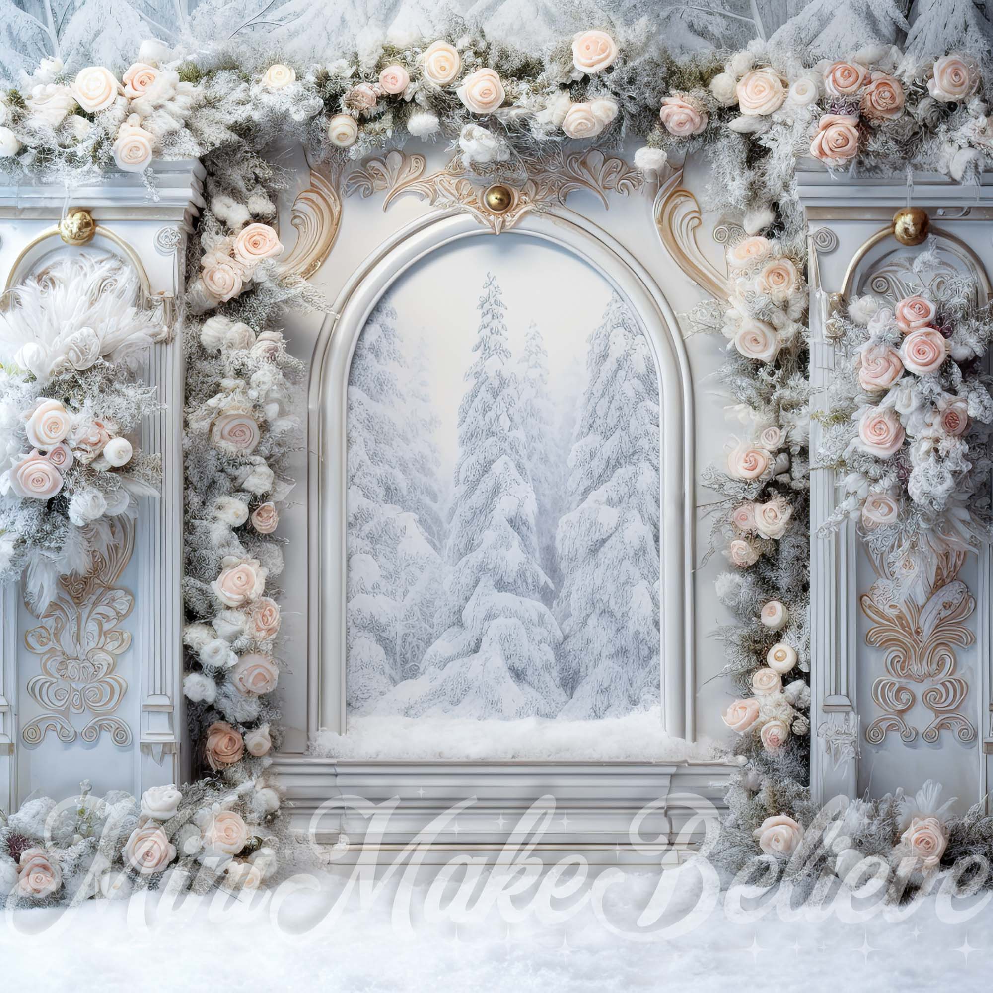 Kate Floral Porte Noël Hiver Blanc Toile de fond conçue par Mini MakeBelieve