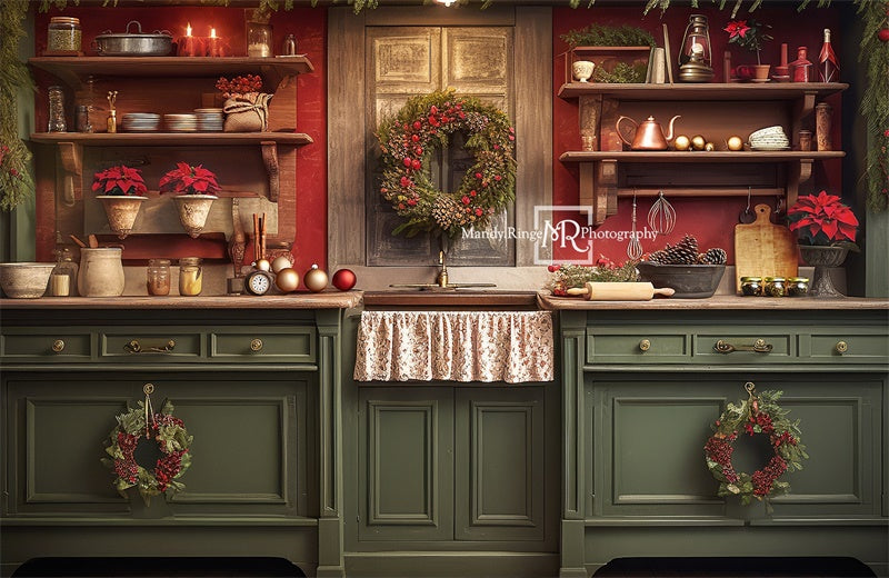 Kate Rouge Vert Noël Cuisine Toile de fond conçue par Mandy Ringe - Kate Backdrop FR