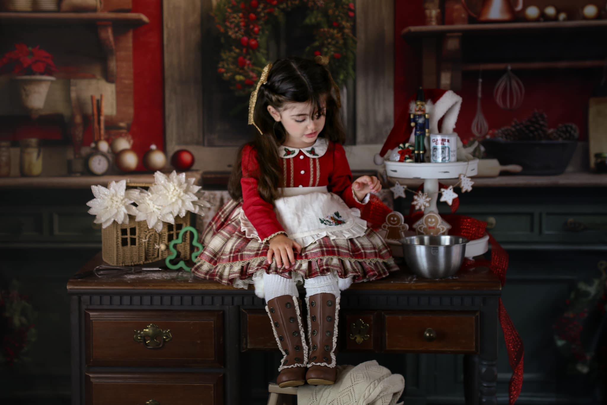 Kate Rouge Vert Noël Cuisine Toile de fond conçue par Mandy Ringe - Kate Backdrop FR