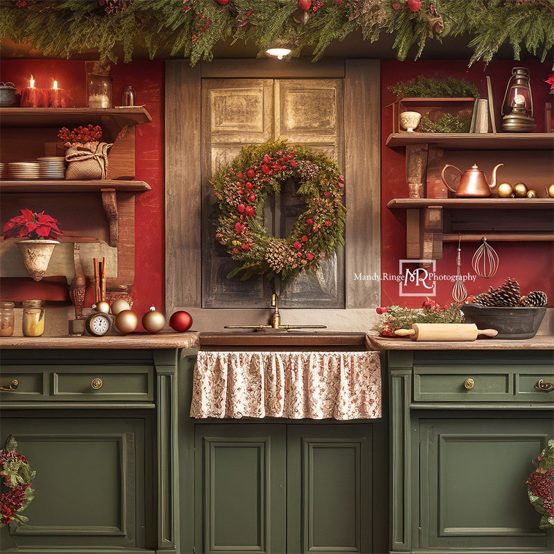 Kate Rouge Vert Noël Cuisine Toile de fond conçue par Mandy Ringe - Kate Backdrop FR