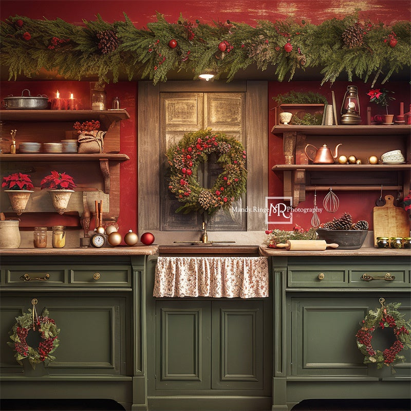 Kate Rouge Vert Noël Cuisine Toile de fond conçue par Mandy Ringe - Kate Backdrop FR