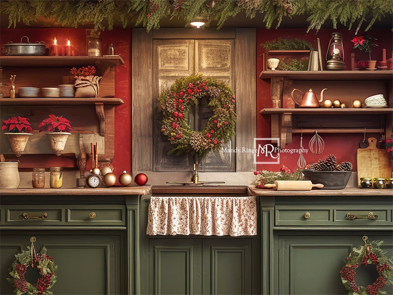 Kate Rouge Vert Noël Cuisine Toile de fond conçue par Mandy Ringe - Kate Backdrop FR
