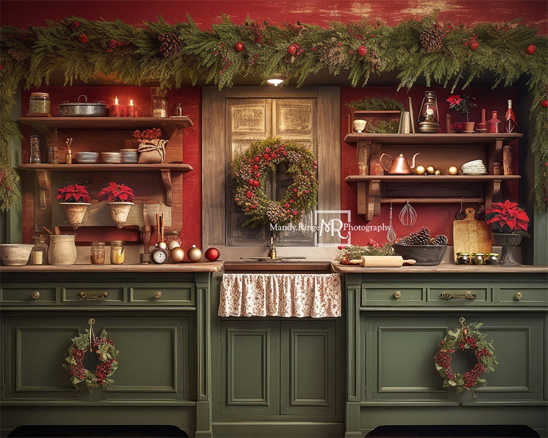 Kate Rouge Vert Noël Cuisine Toile de fond conçue par Mandy Ringe - Kate Backdrop FR