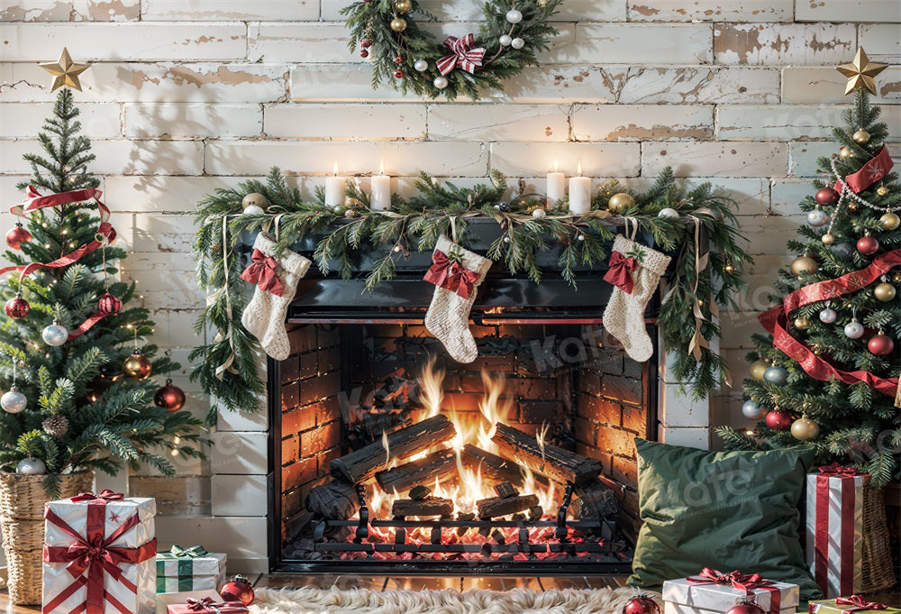 Kate Noël Cheminée Feu Chaussette Cadeaux Toile de fond pour la photographie