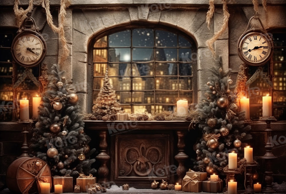 Kate Horloge Sapin de Noël Vintage Nuit Toile de fond pour la photographie - Kate Backdrop FR