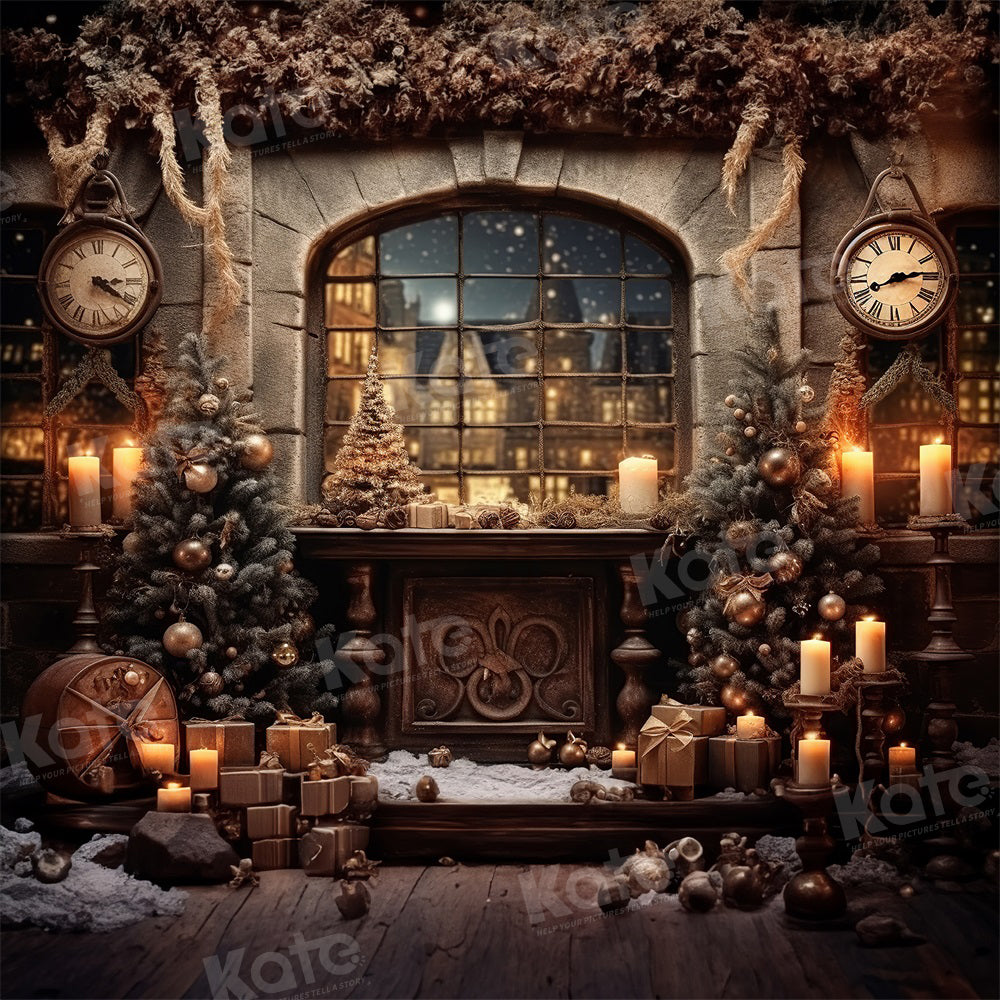 Kate Horloge Sapin de Noël Vintage Nuit Toile de fond pour la photographie - Kate Backdrop FR
