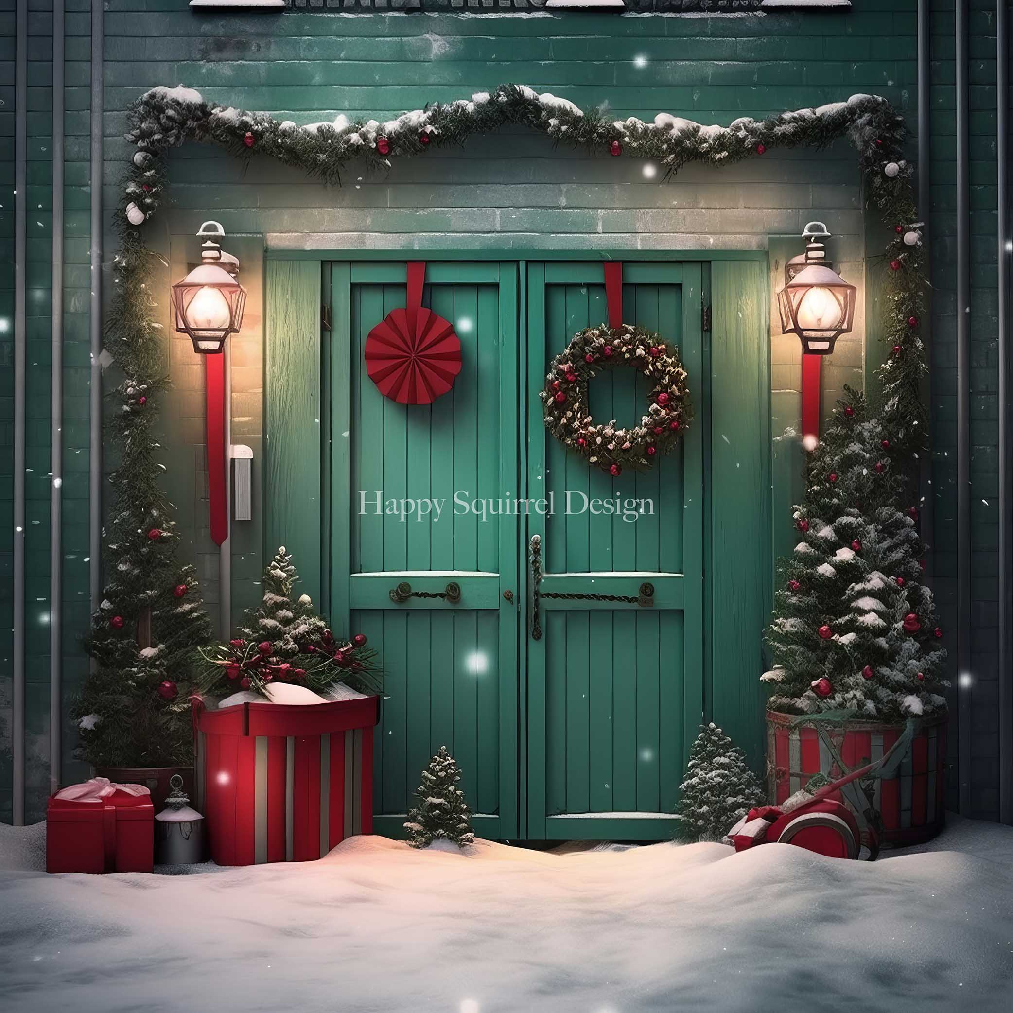 Kate Porte verte Vacances Noël Toile de fond Conçu par Happy Squirrel Design - Kate Backdrop FR