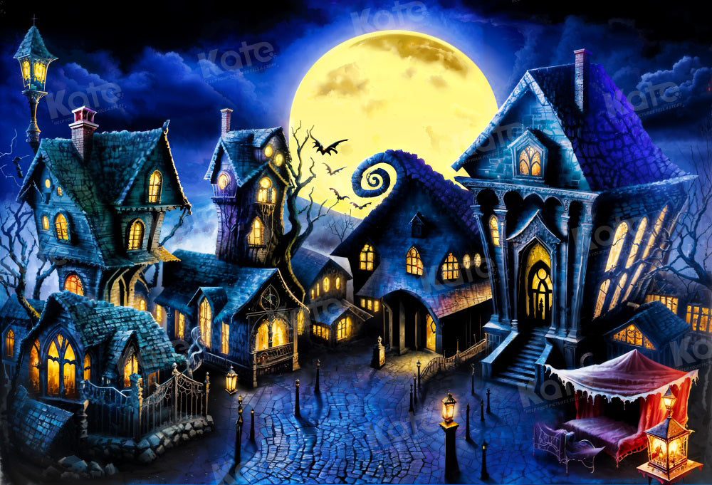 Kate Halloween Lune Nuit Maisons Toile de fond pour la photographie - Kate Backdrop FR