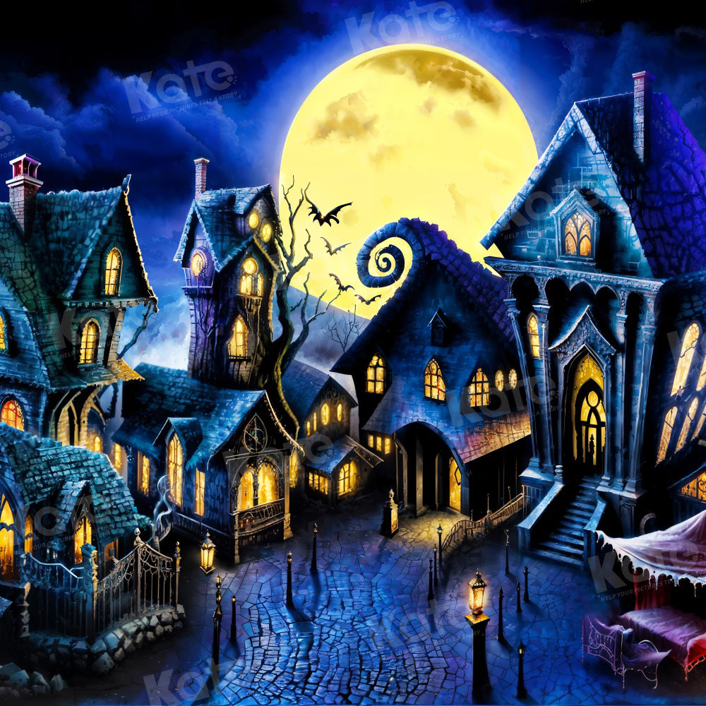 Kate Halloween Lune Nuit Maisons Toile de fond pour la photographie - Kate Backdrop FR