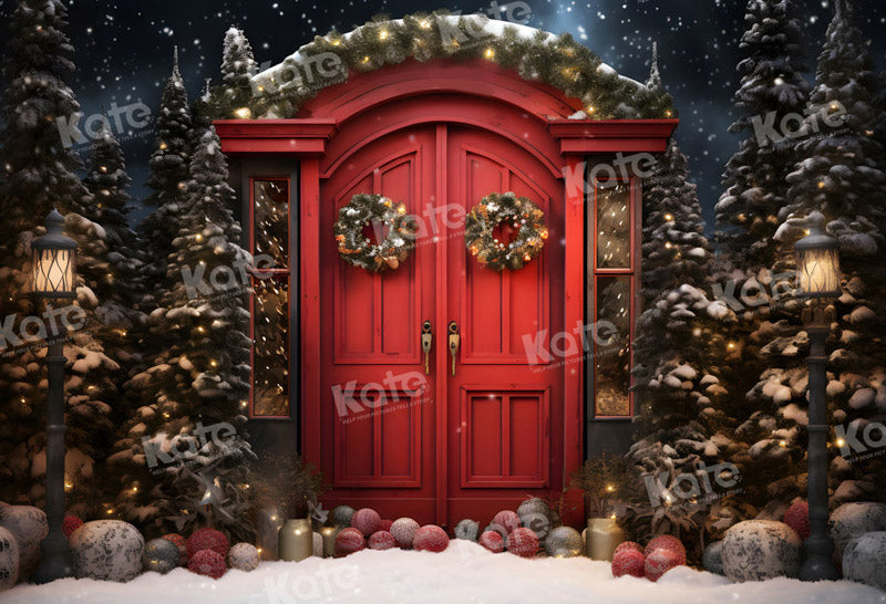 Kate Hiver Nuit Noël Porte rouge Neige Toile de fond pour la photographie