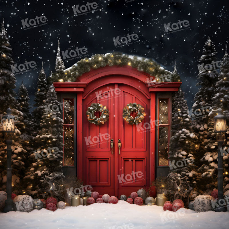 Kate Hiver Nuit Noël Porte rouge Neige Toile de fond pour la photographie