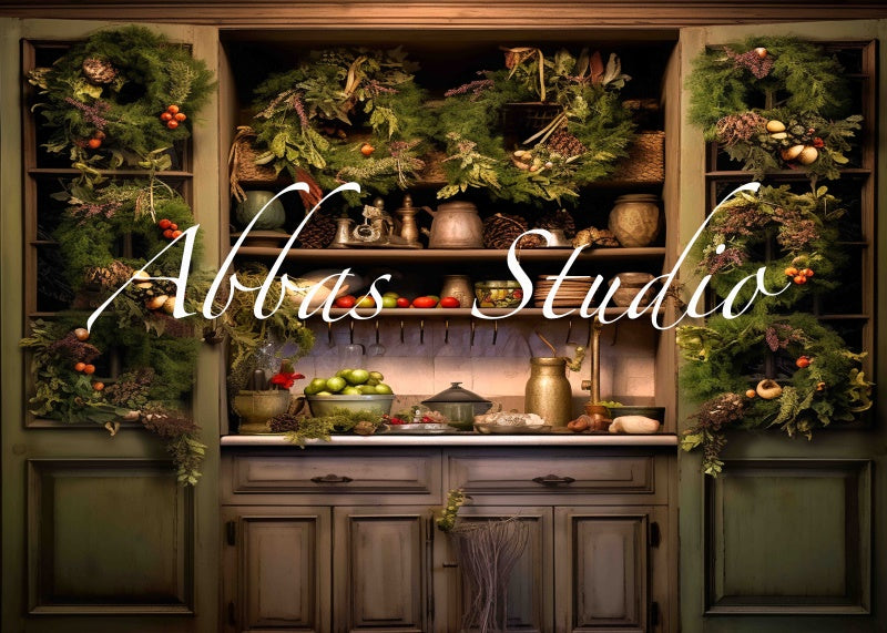 Kate Noël Cuisine Vert Armoire Toile de fond conçue par Abbas Studio - Kate Backdrop FR