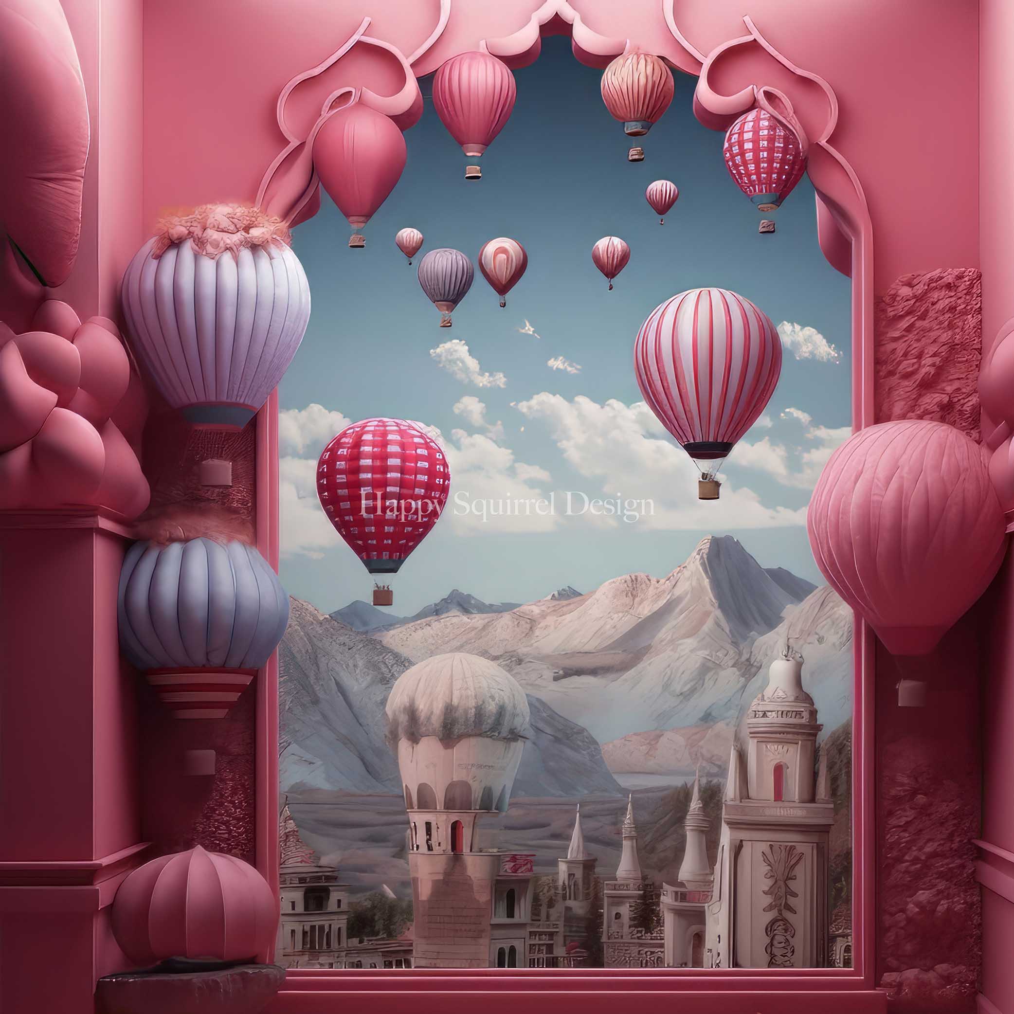 Kate Montgolfière Fenêtre Rose Toile de fond Conçu par Happy Squirrel Design - Kate Backdrop FR