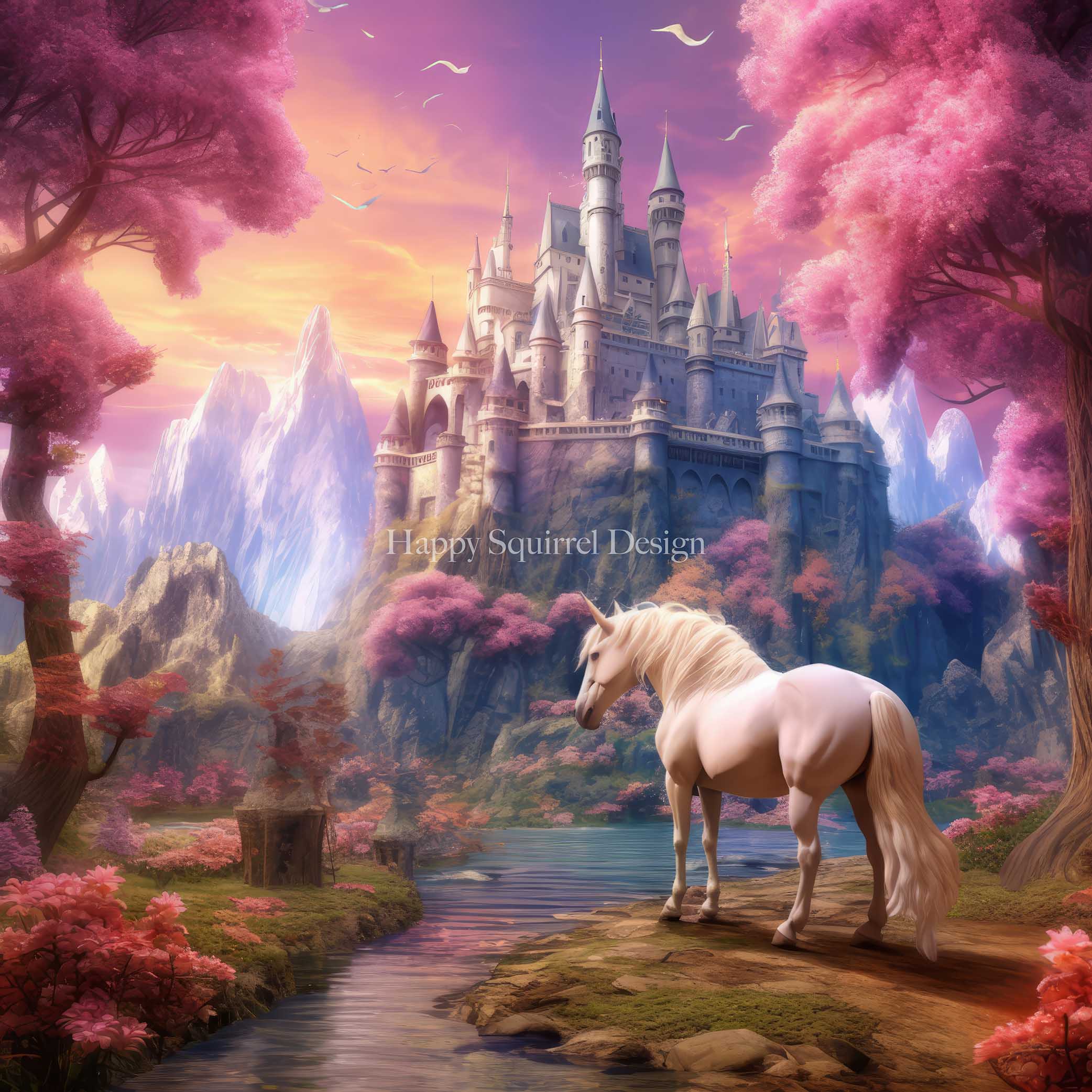 Kate Licorne Château magique Toile de fond Conçu par Happy Squirrel Design - Kate Backdrop FR