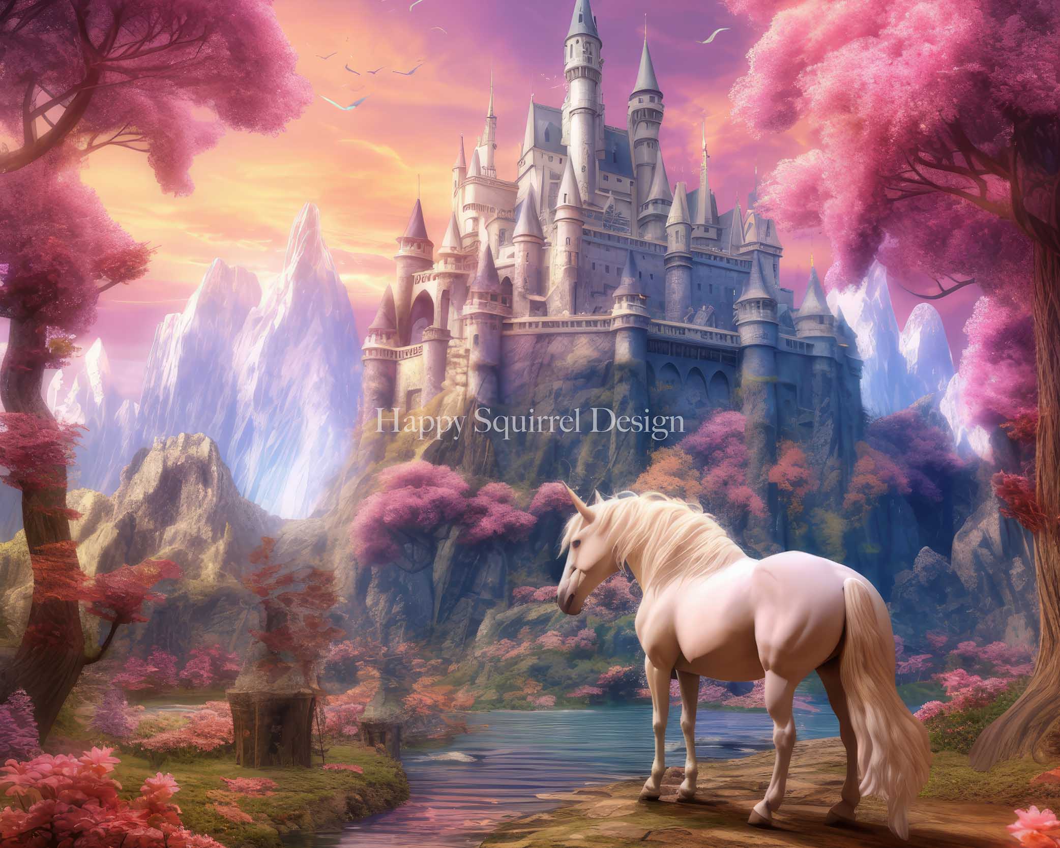 Kate Licorne Château magique Toile de fond Conçu par Happy Squirrel Design - Kate Backdrop FR