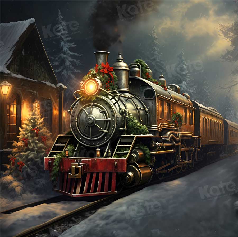Kate Nuit Train Noël Arbres Neige Toile de fond pour la photographie