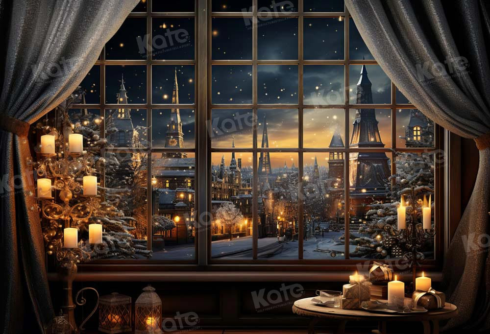 Kate Fenêtre Ville Bougies Nuit Neige Toile de fond conçu par Emetselch - Kate Backdrop FR