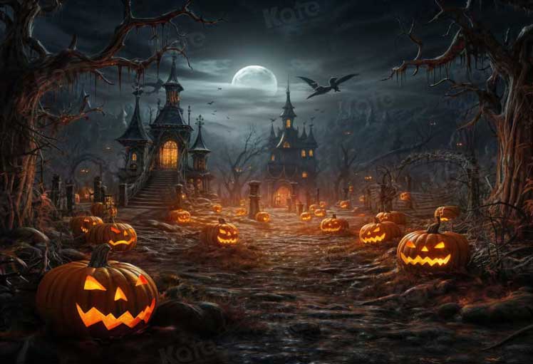 Kate Halloween Château Citrouilles Lune Toile de fond pour la photographie - Kate Backdrop FR