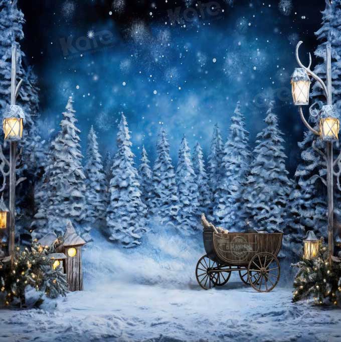 Kate Hiver Bleu Lampadaire Nuit Neige Toile de fond pour la photographie - Kate Backdrop FR