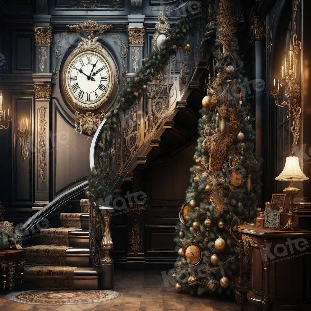 Kate Sapin de Noël Horloge Escaliers Brun Toile de fond conçu par Emetselch - Kate Backdrop FR