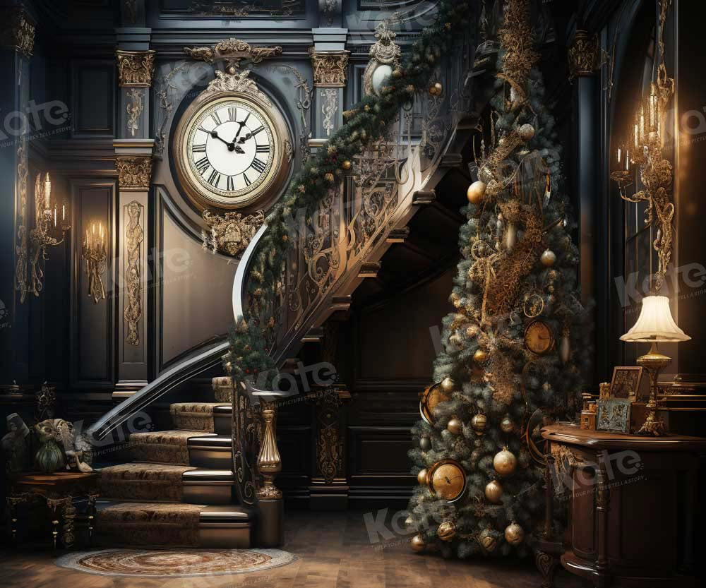 Kate Sapin de Noël Horloge Escaliers Brun Toile de fond conçu par Emetselch - Kate Backdrop FR