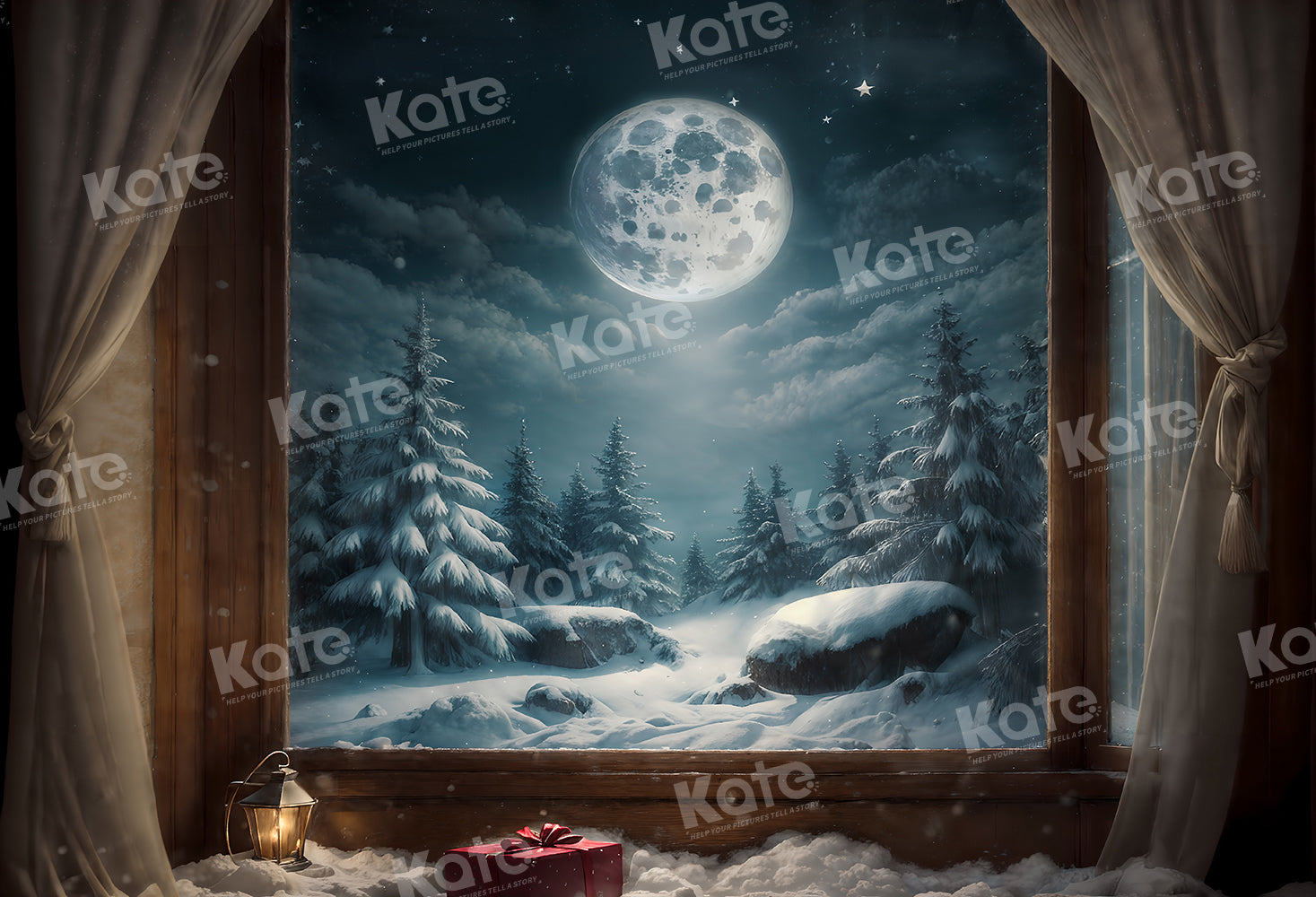 Kate Hiver Fenêtre Lune Neige Arbres Toile de fond pour la photographie