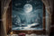 Kate Hiver Fenêtre Lune Neige Arbres Toile de fond pour la photographie - Kate Backdrop FR
