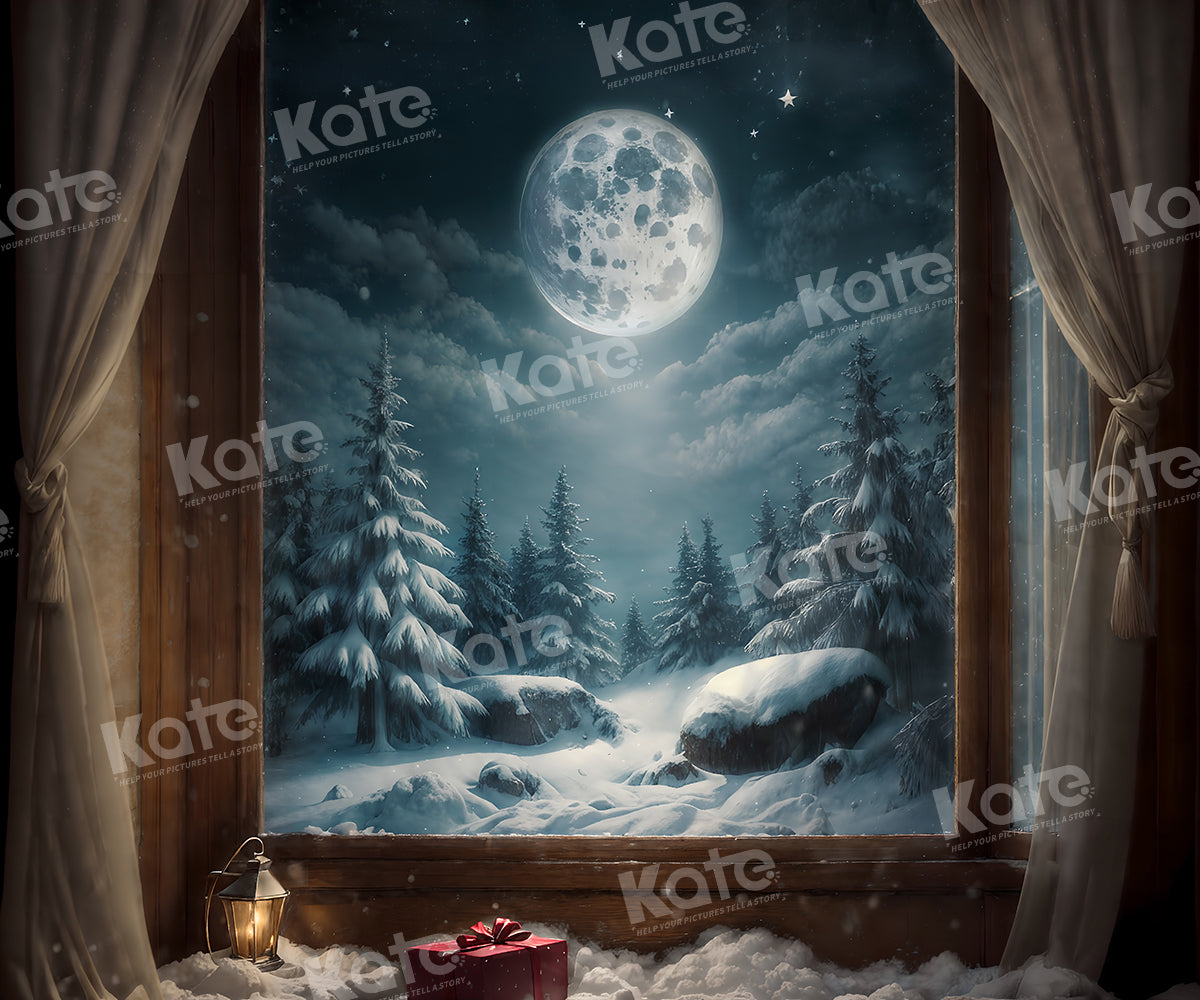 Kate Hiver Fenêtre Lune Neige Arbres Toile de fond pour la photographie