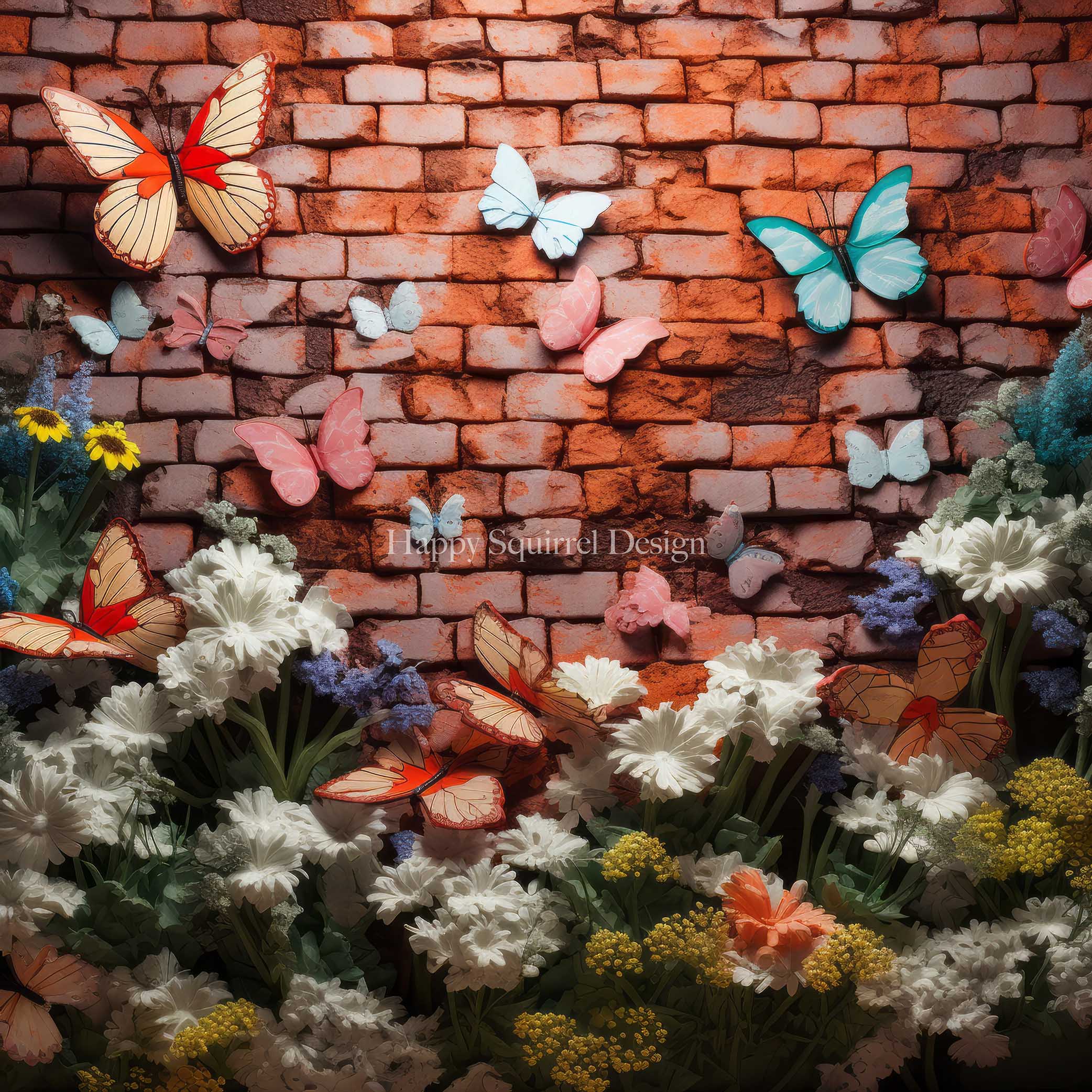 Kate Jardin Papillons Mur de briques Toile de fond Conçu par Happy Squirrel Design