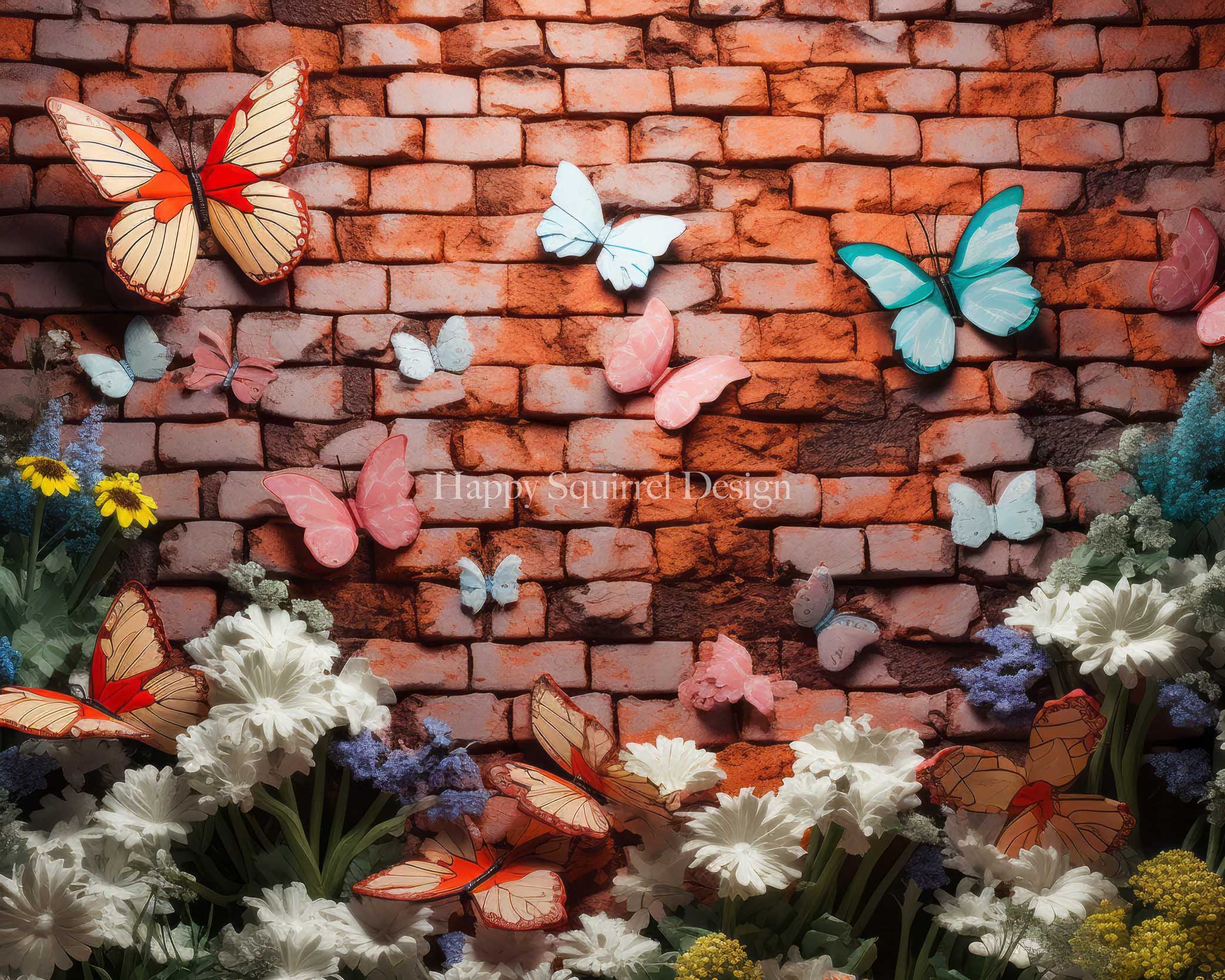 Kate Jardin Papillons Mur de briques Toile de fond Conçu par Happy Squirrel Design