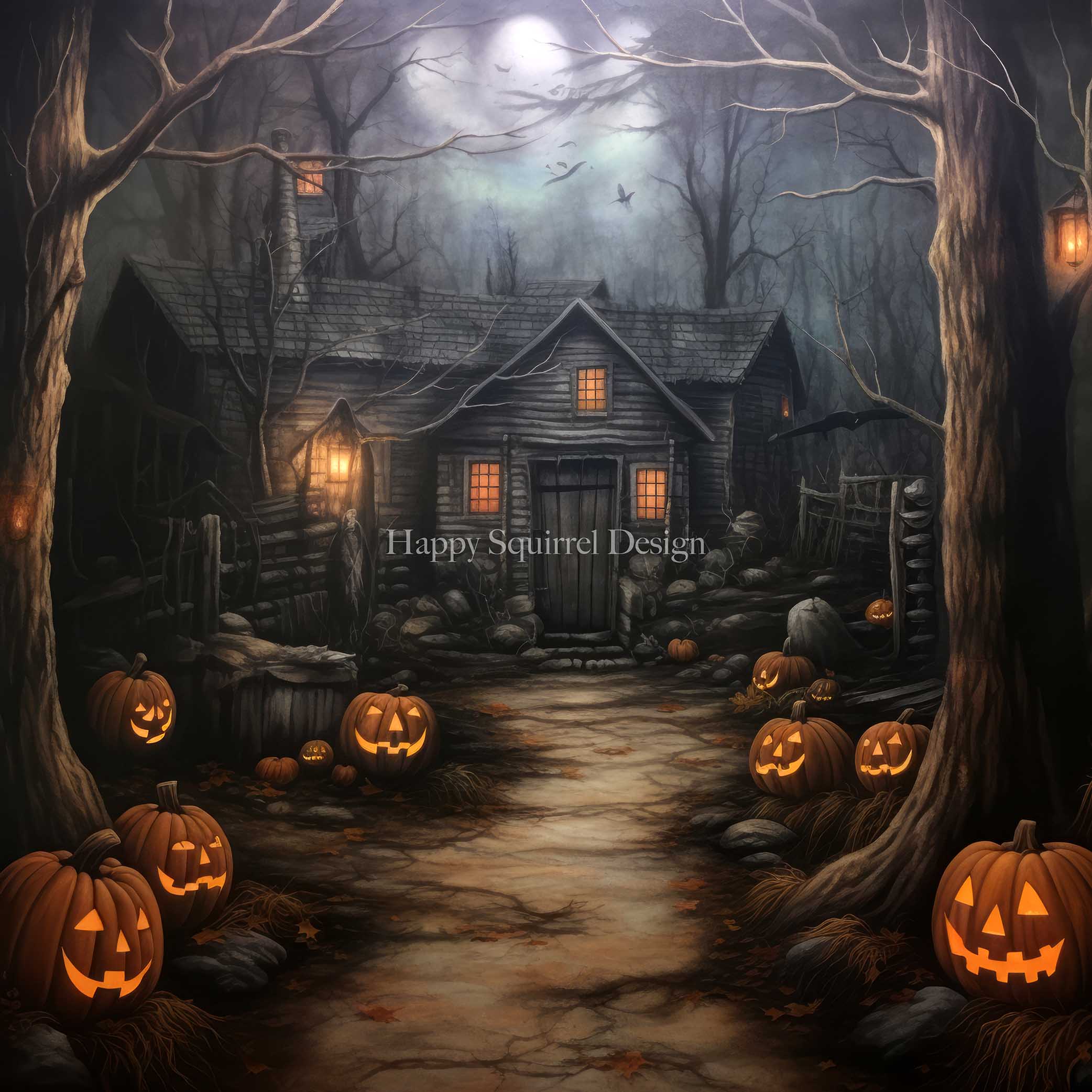 Kate Maison dans les bois Halloween Toile de fond Conçu par Happy Squirrel Design