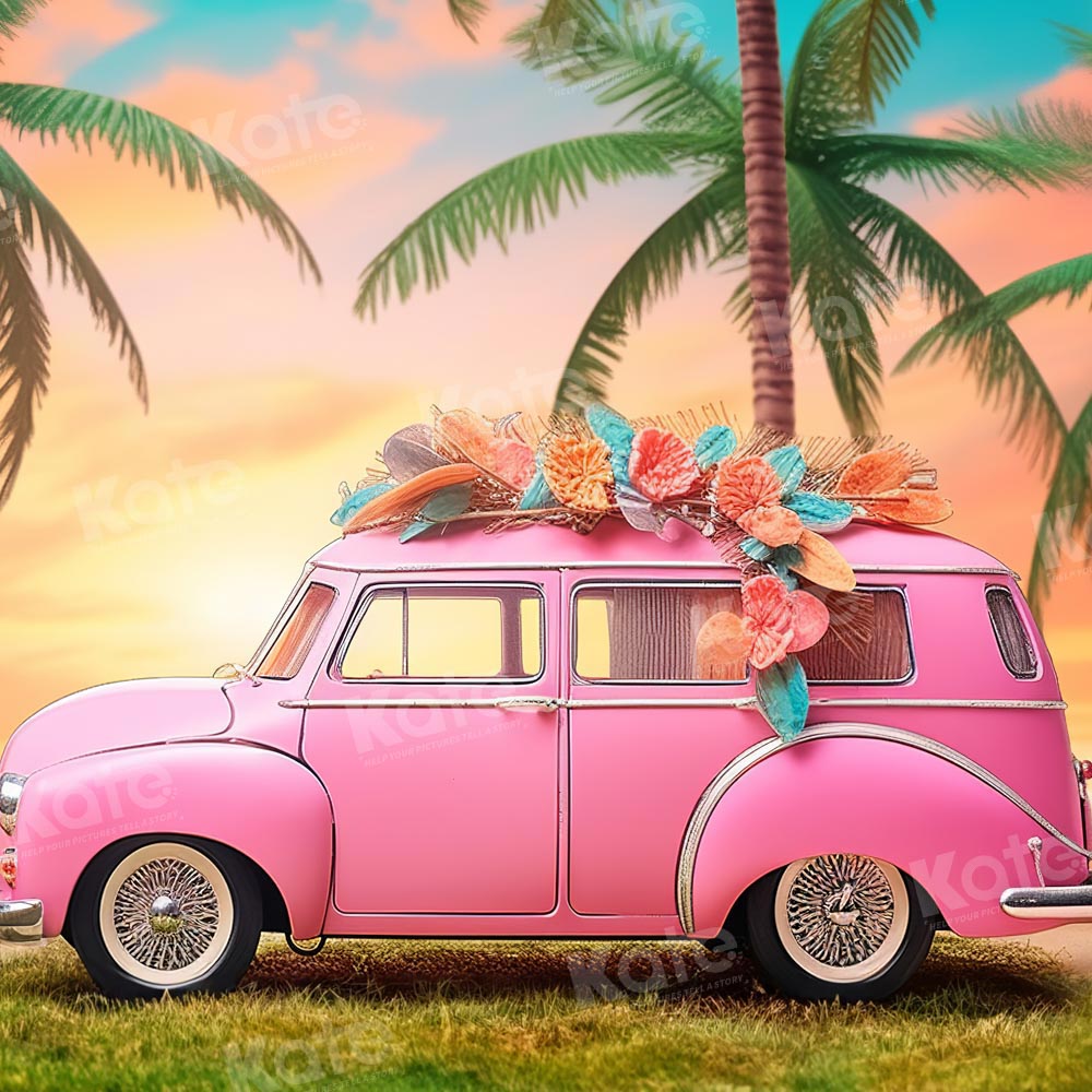 Kate Été Voiture rose Poupée Vacances Cocotier Toile de fond conçue par Emetselch - Kate Backdrop FR