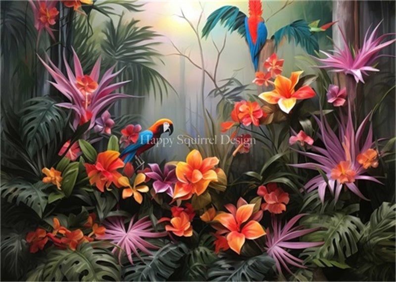Kate Jungle tropicale Perroquet Fleurs Toile de fond Conçu par Happy Squirrel Design