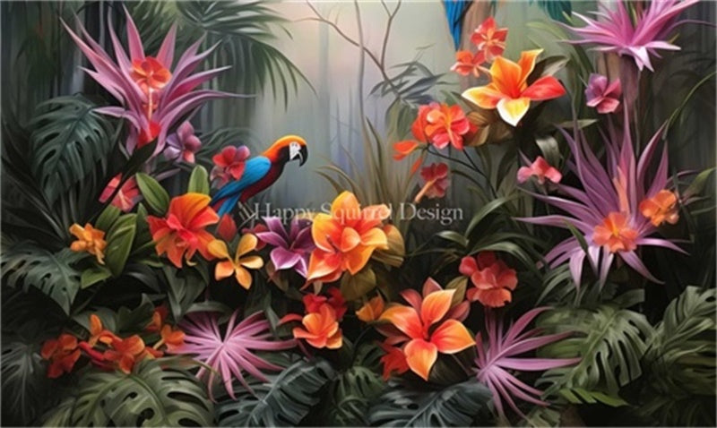 Kate Jungle tropicale Perroquet Fleurs Toile de fond Conçu par Happy Squirrel Design - Kate Backdrop FR