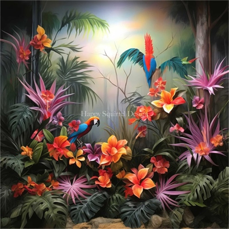 Kate Jungle tropicale Perroquet Fleurs Toile de fond Conçu par Happy Squirrel Design - Kate Backdrop FR