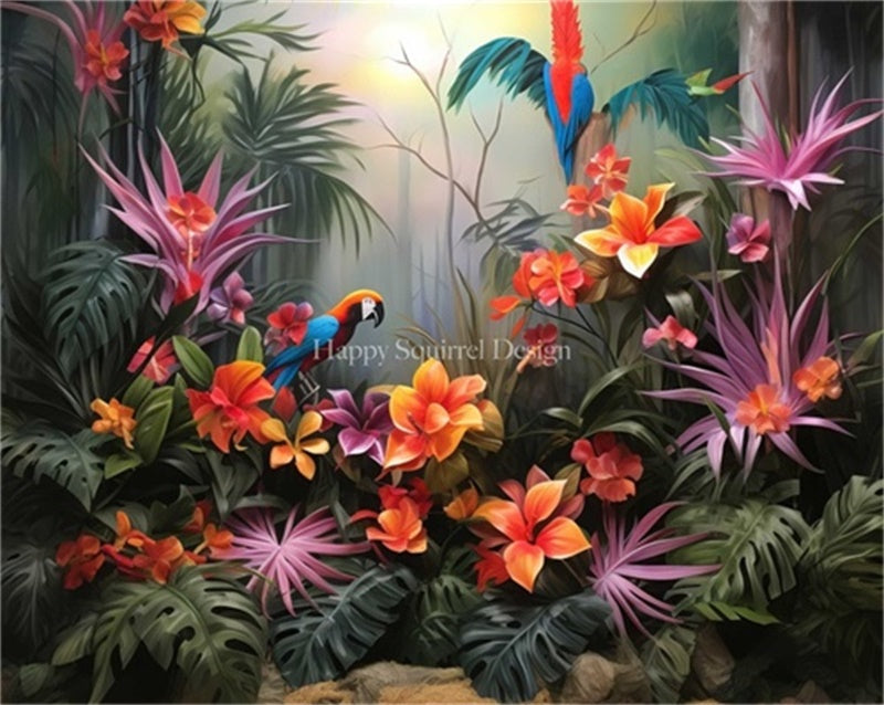 Kate Jungle tropicale Perroquet Fleurs Toile de fond Conçu par Happy Squirrel Design - Kate Backdrop FR