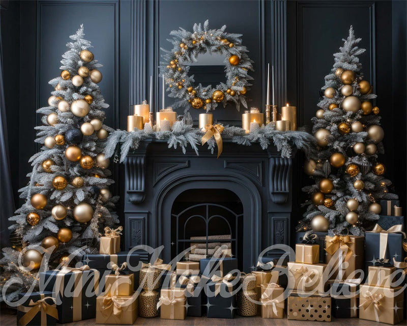 Kate Arbres Noël Cheminée Ornements dorés Toile de fond conçue par Mini MakeBelieve - Kate Backdrop FR