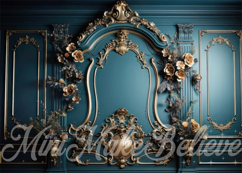 Kate Luxe Mur Orné Rococo Doré Turquoise Toile de fond conçue par Mini MakeBelieve