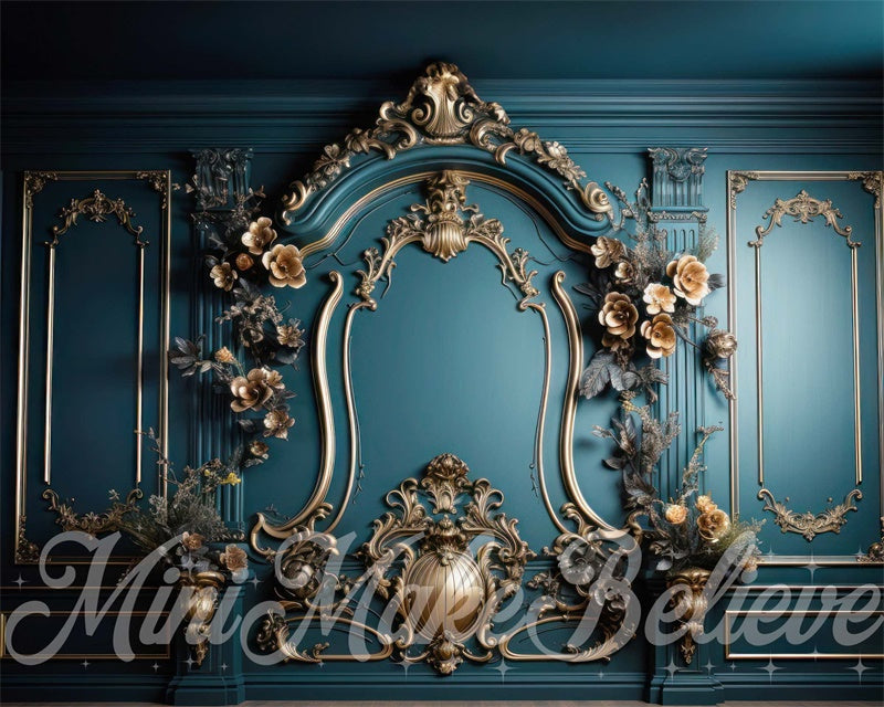 Kate Luxe Mur Orné Rococo Doré Turquoise Toile de fond conçue par Mini MakeBelieve